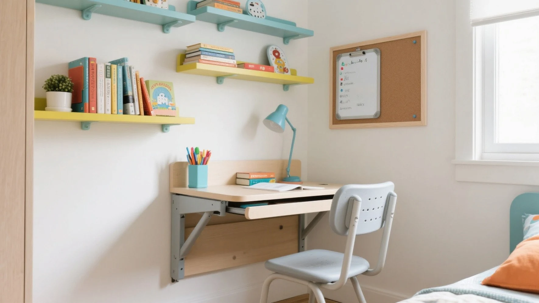 Small kids study nook with wall-mounted desk