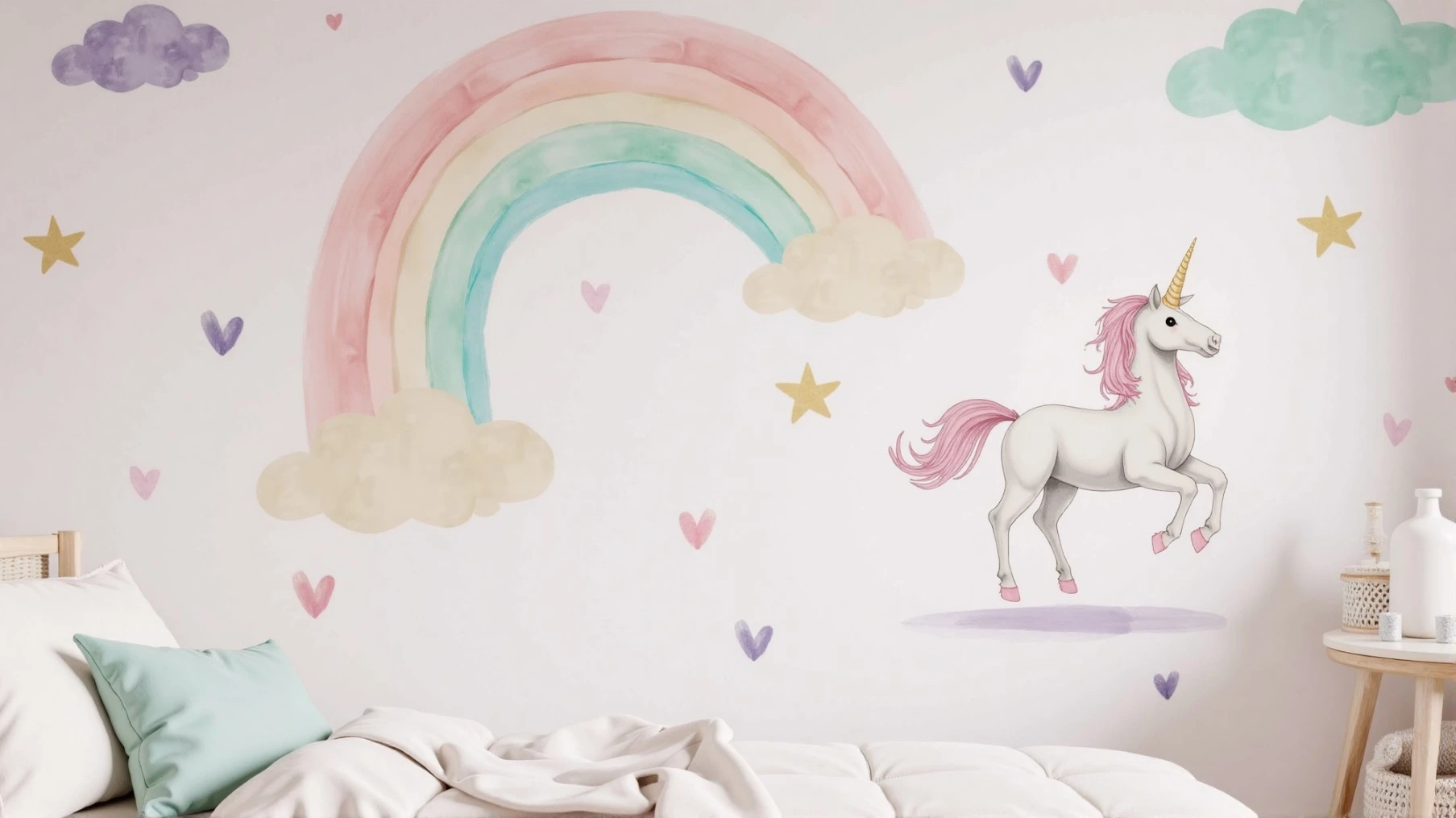 Peel-and-stick wall decals in a girl&rsquo;s bedroom