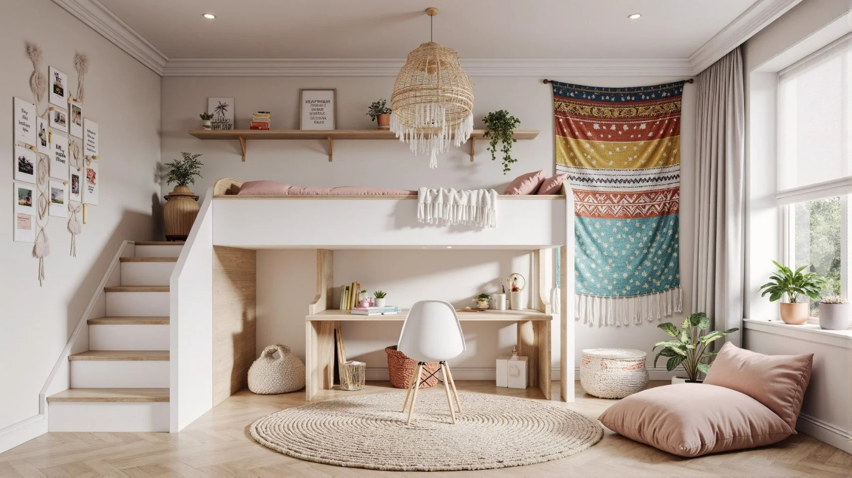Preteen girl&rsquo;s room with gallery wall and loft bed