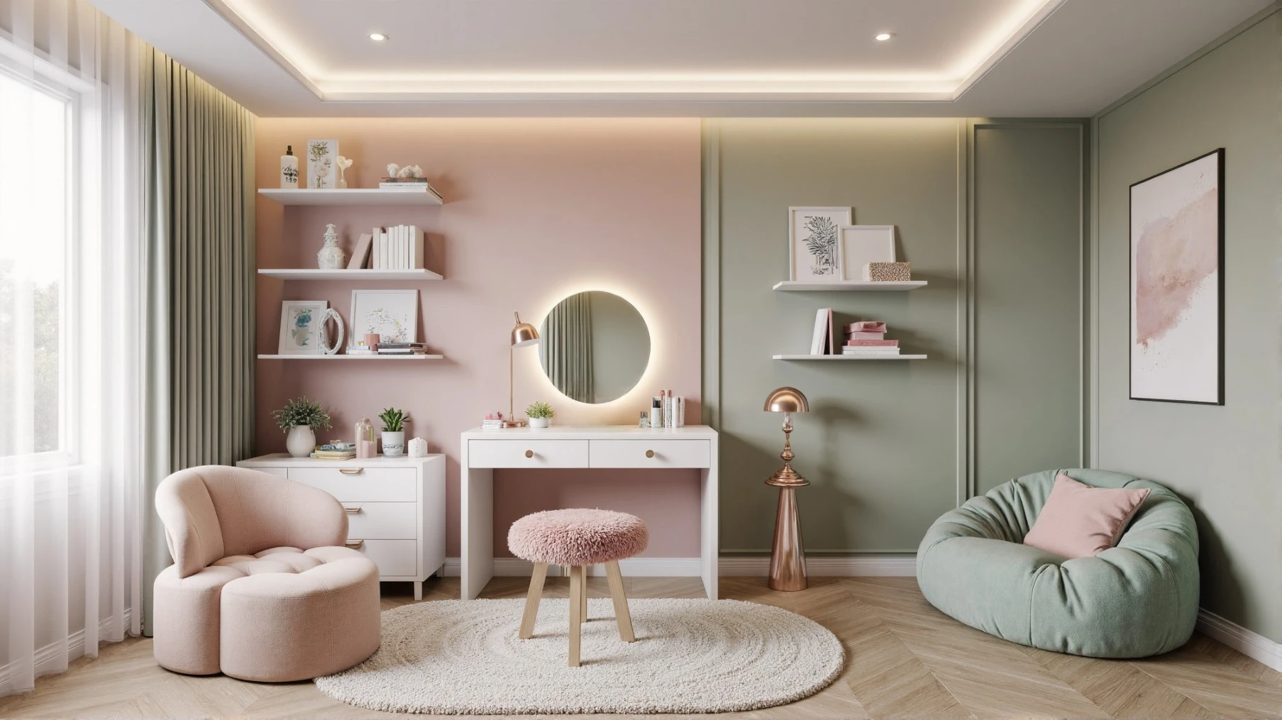 Chic teen girls bedroom with LED lights and vanity