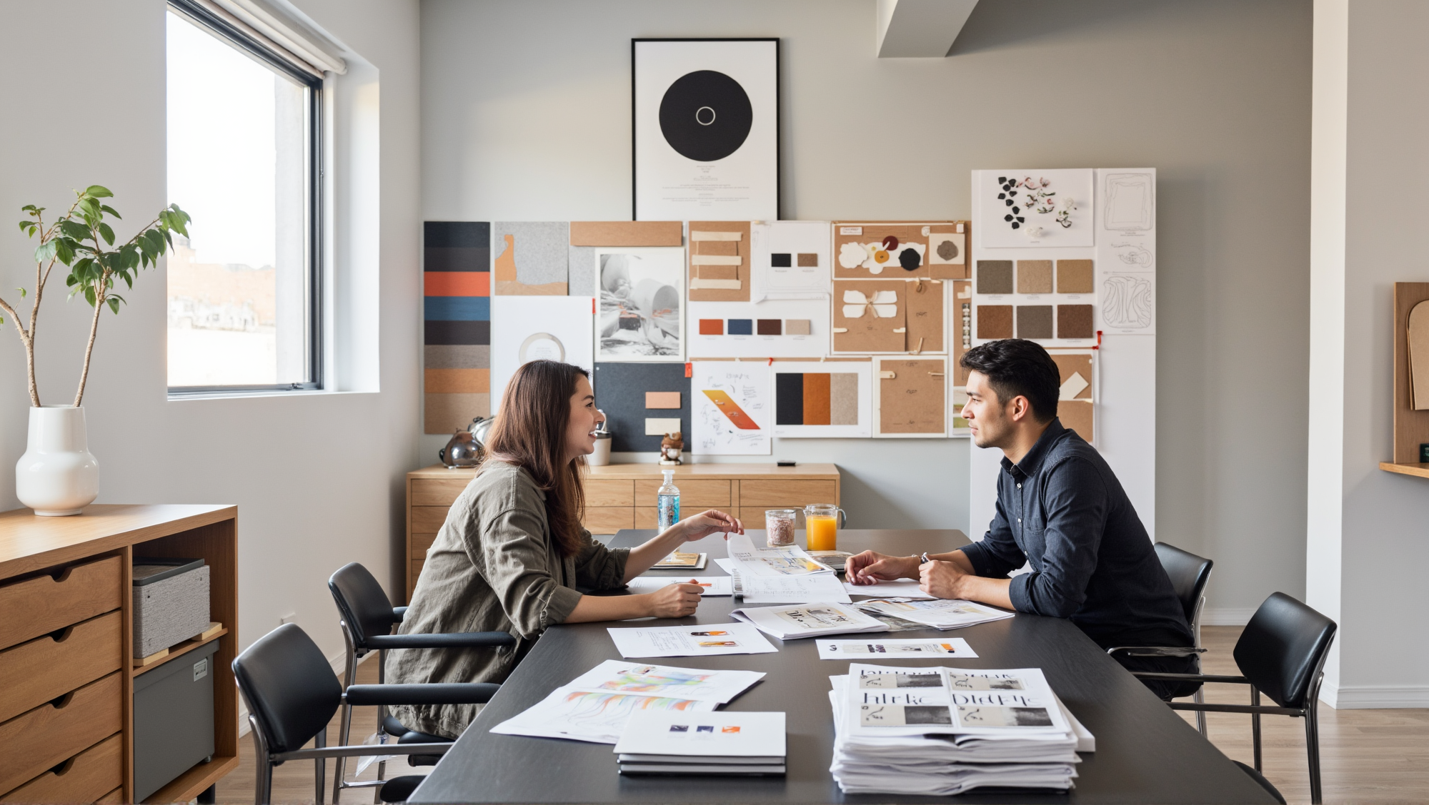 Interior designer reviewing mood board with client in modern studio