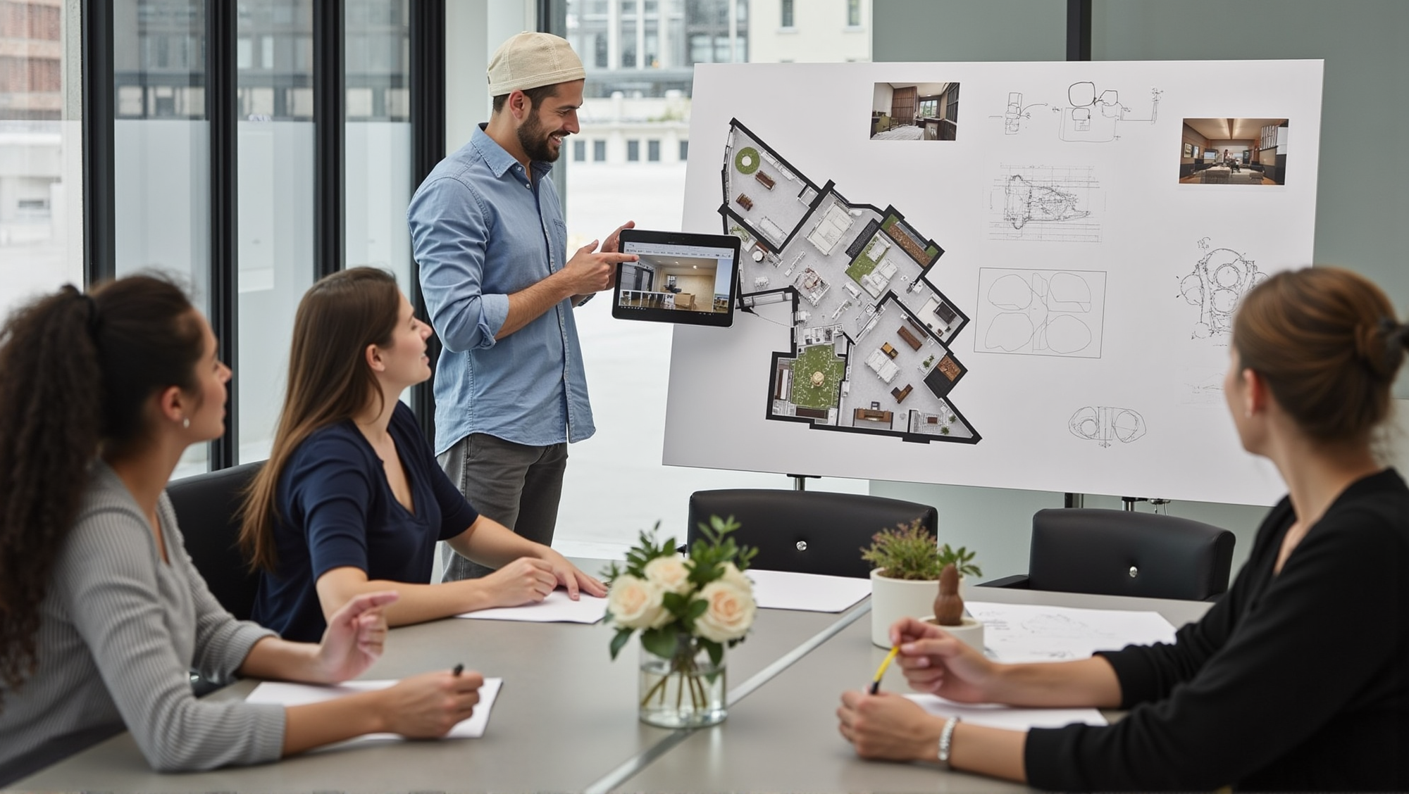 Lead interior designer presenting corporate office layout to team