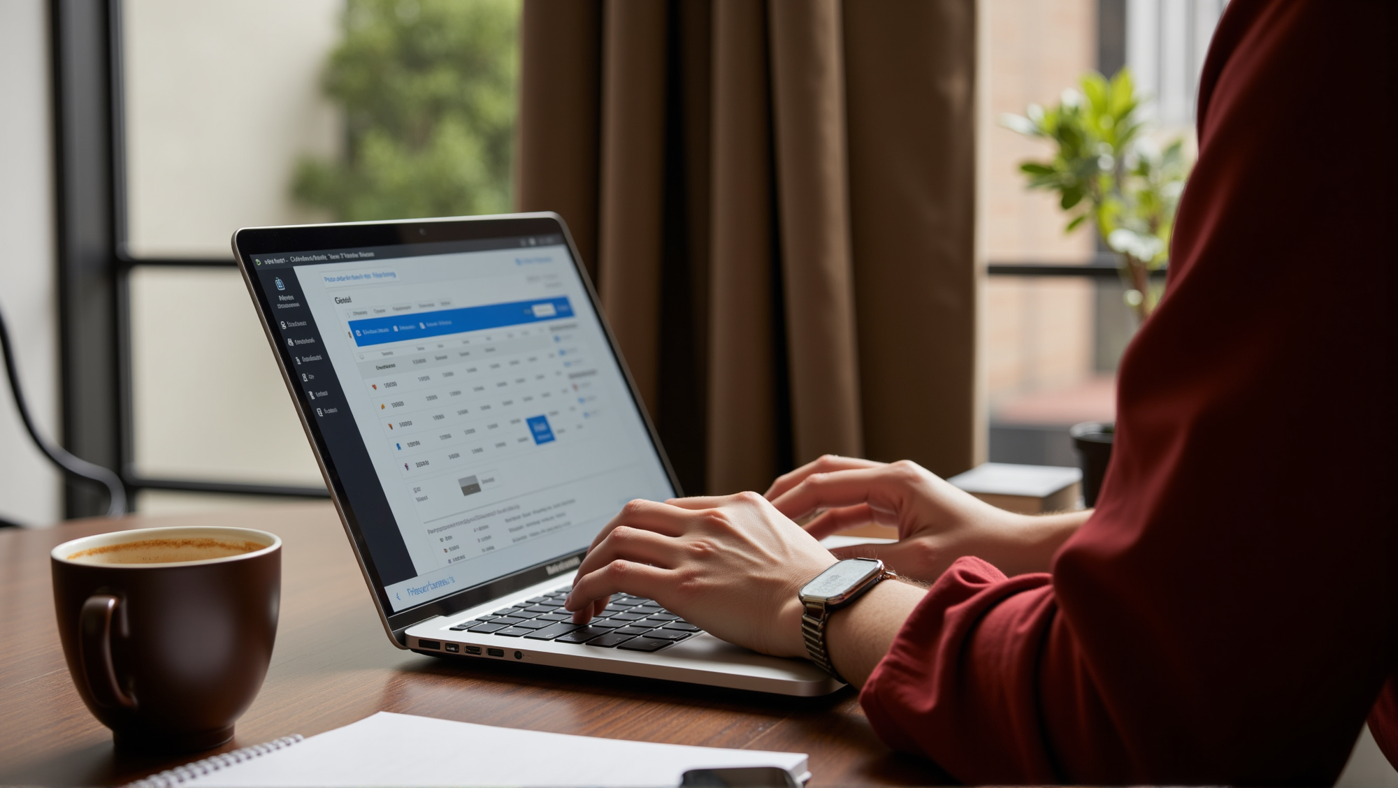 Freelance interior designer tracking billable hours on laptop
