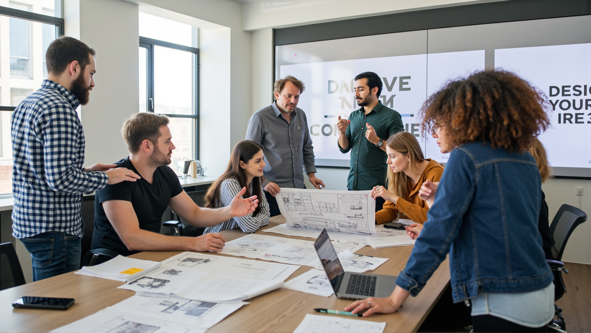 Diverse group of interior designers collaborating on large project