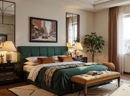 Deep green fabric upholstered bed