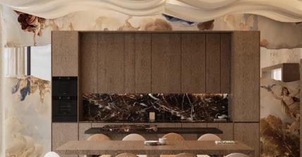 A large artistic mural on the background wall