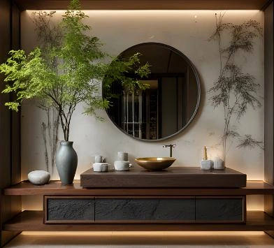 Large potted plants and wall decorations featuring bamboo patterns