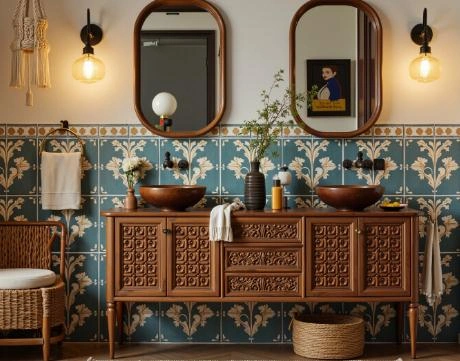 Carved wooden furniture paired with rounded-corner mirrors and brass wall sconces