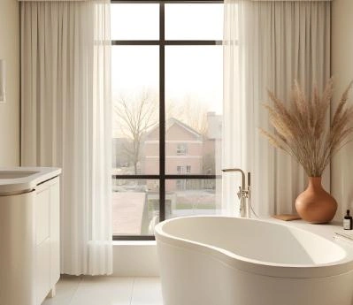 Bright large windows with white sheer curtains