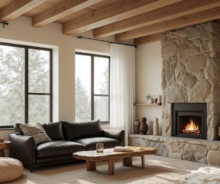 Natural wooden ceiling and raw stone walls