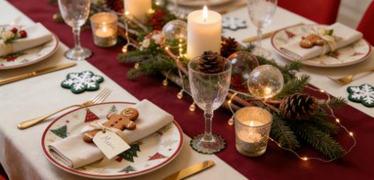 Golden tableware and plates adorned with Christmas patterns