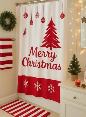 A shower curtain adorned with holiday patterns and a red-and-white checkered mat