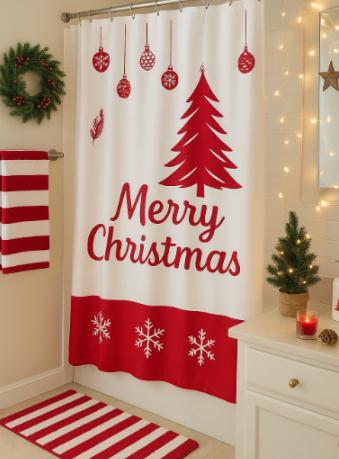 A shower curtain adorned with holiday patterns and a red-and-white checkered mat