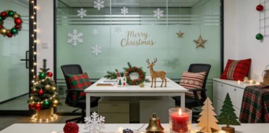 Glass is adorned with snowflake stickers, minimalist Christmas letters, or star ornaments