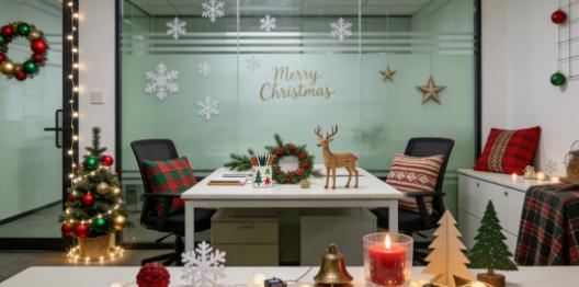 Glass is adorned with snowflake stickers, minimalist Christmas letters, or star ornaments