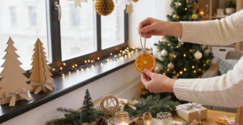 Paper snowflakes, paper lantern strings, LED string lights