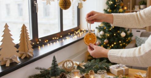 Paper snowflakes, paper lantern strings, LED string lights
