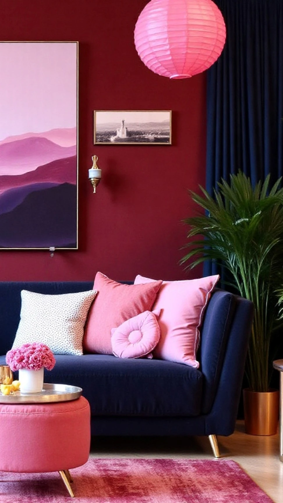 Pink blue living room details