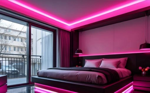 bedroom is surrounded by a ring of fluorescent pink LED strips. 
