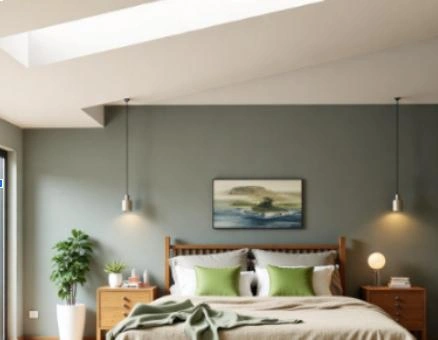 A skylight is embedded in the ceiling of the bedroom