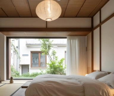 A round paper pendant light hangs in the center of the ceiling