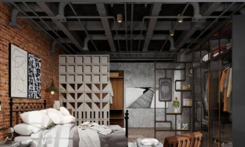 Exposed ceiling pipes, red brick walls, 