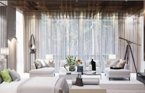 The bedroom ceiling is composed of an intricate network of metal grilles.