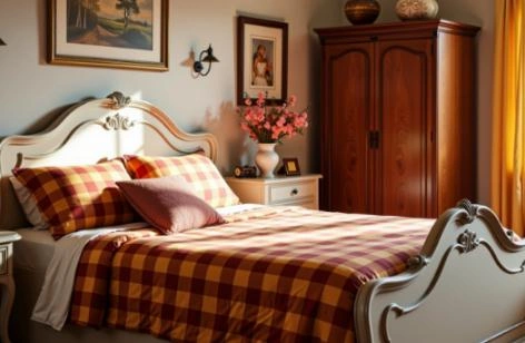 Plaid bedding with red and yellow tones