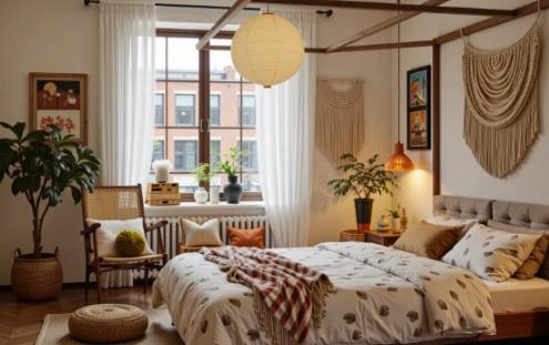 Wicker armchair, woven tapestry, wooden beam.