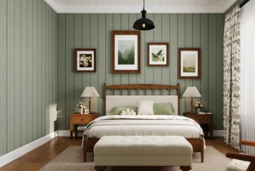 Wall in forest color palette paired with artistic picture frames