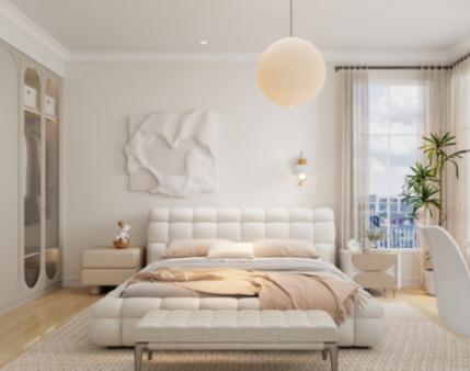 This girl's bedroom centers around cream color and wooden elements