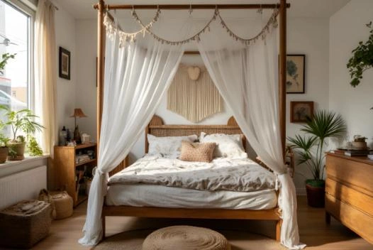 The translucent gauze creates a gentle boundary around the bed