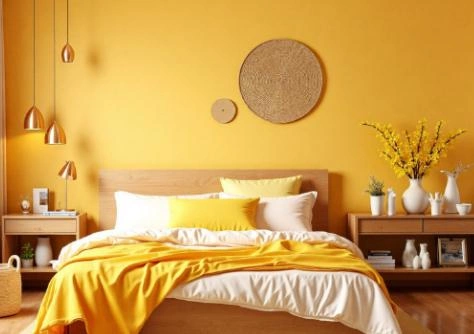  The wall paint and dried flower accessories all feature this striking yellow, 