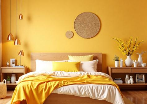  The wall paint and dried flower accessories all feature this striking yellow, 