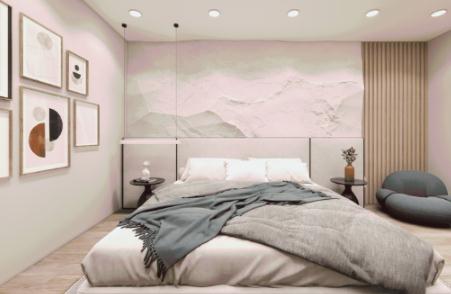 The 3D-rendered wall features a soft pink 