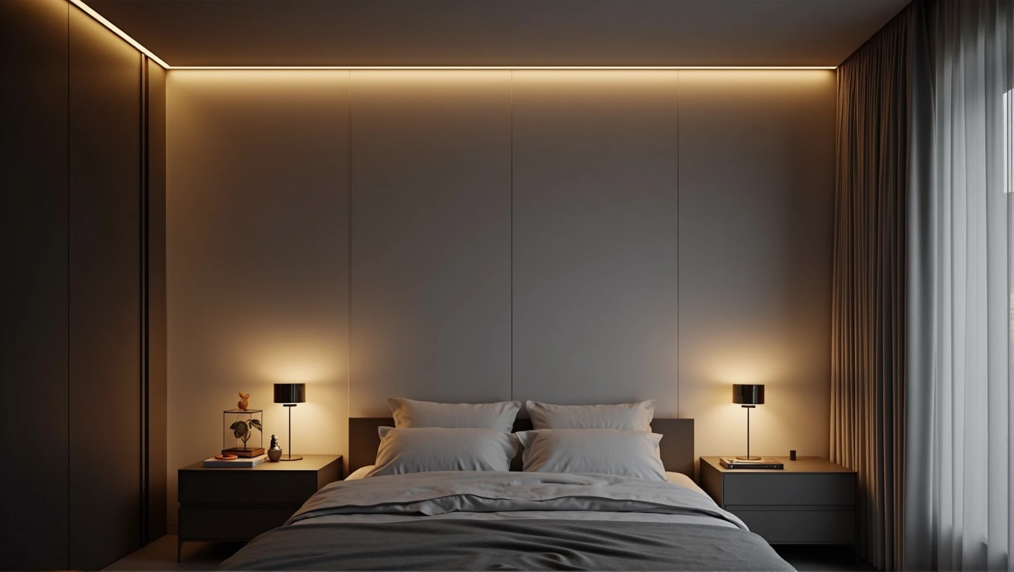 Bedroom lighting design with LED strips and bedside lamps