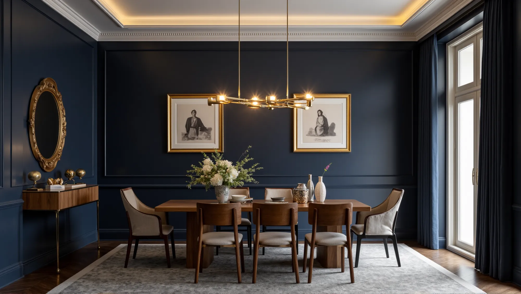 Dining room with navy blue walls and gold accents