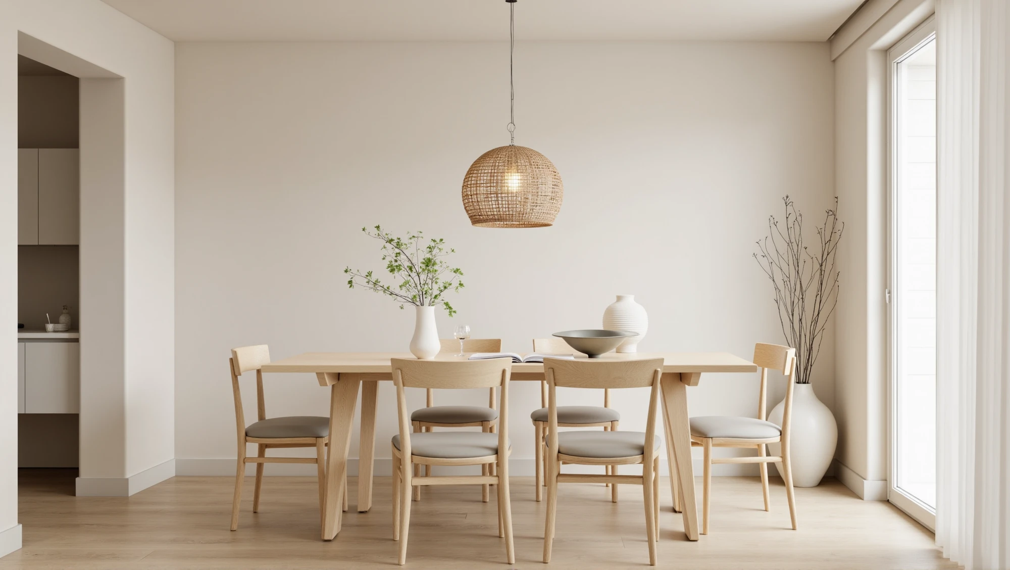 Dining room with beige walls and natural wood furniture