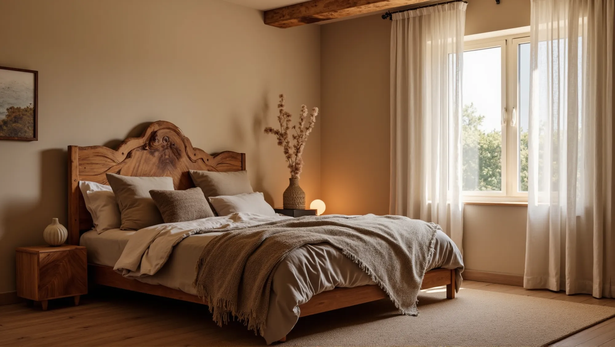 Minimalist bedroom with white walls and sleek furniture