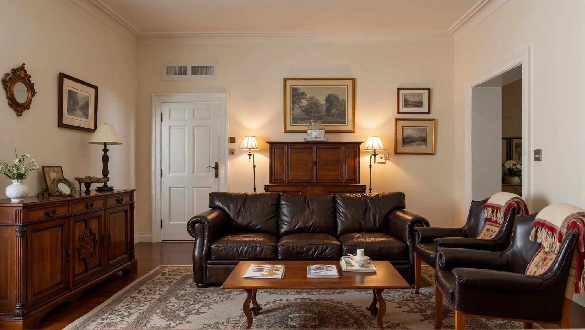 Traditional living room with leather sofa and wooden furniture