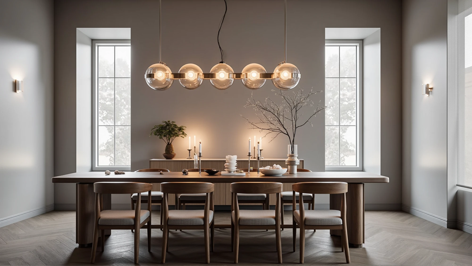 Dining room with chandelier and pendant lights