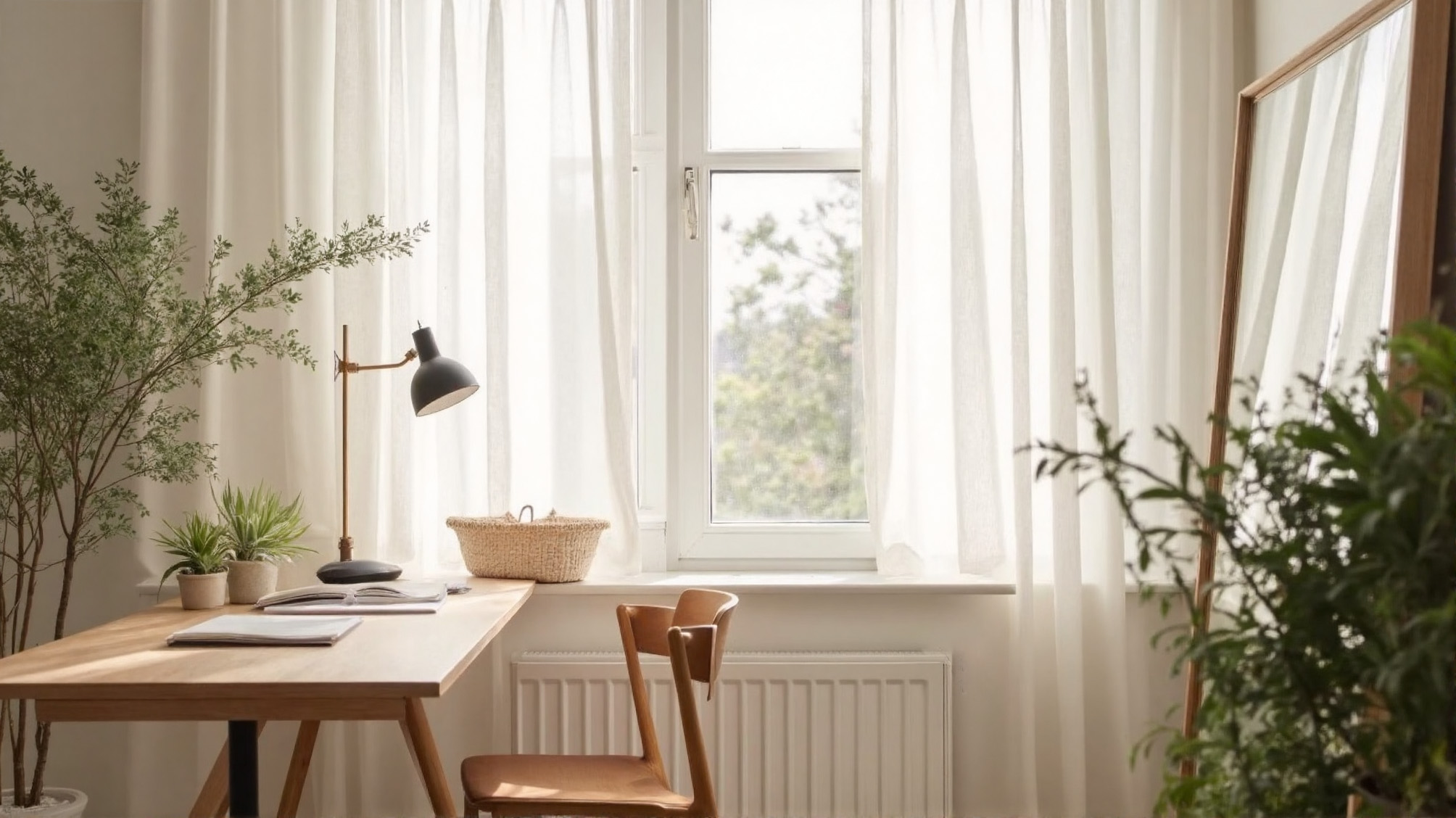 Study desk beside a sunny window with mirror