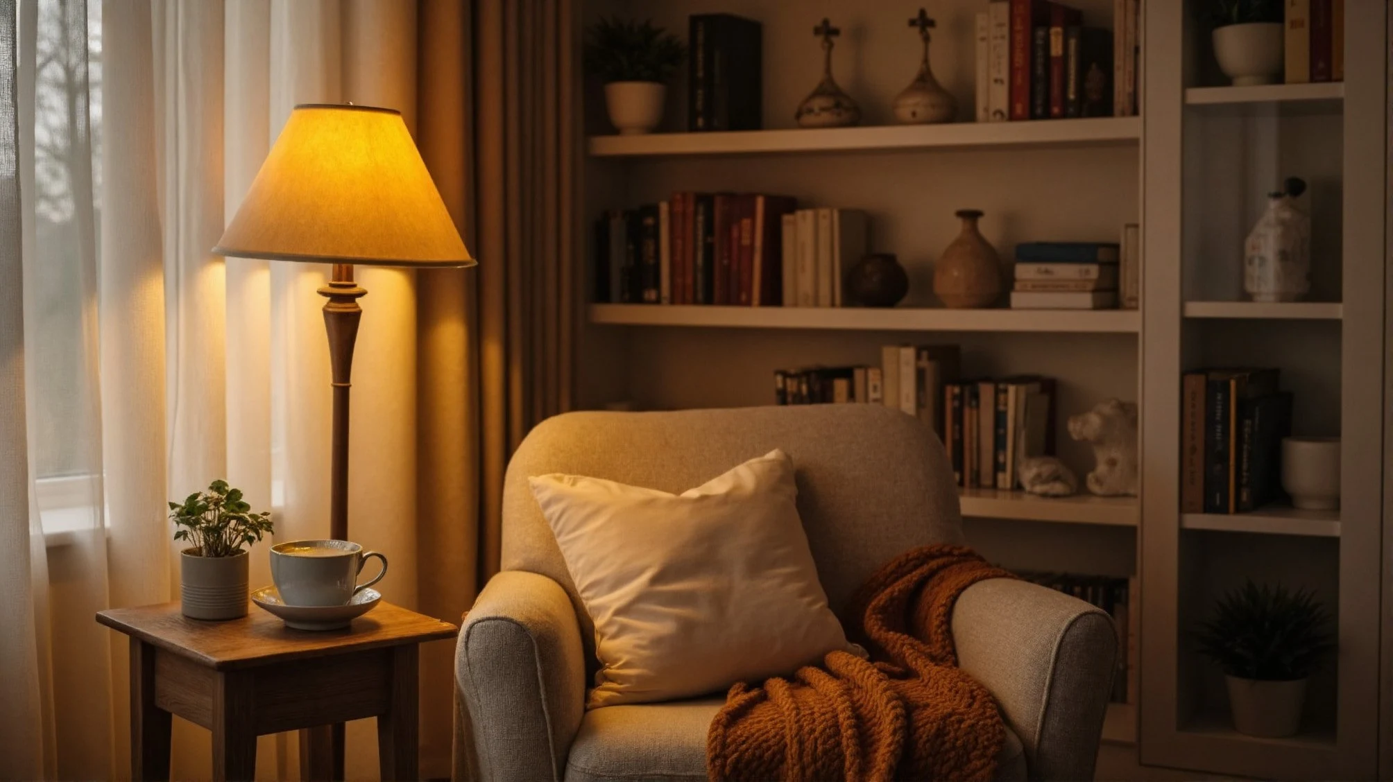 Cozy small study with warm lighting