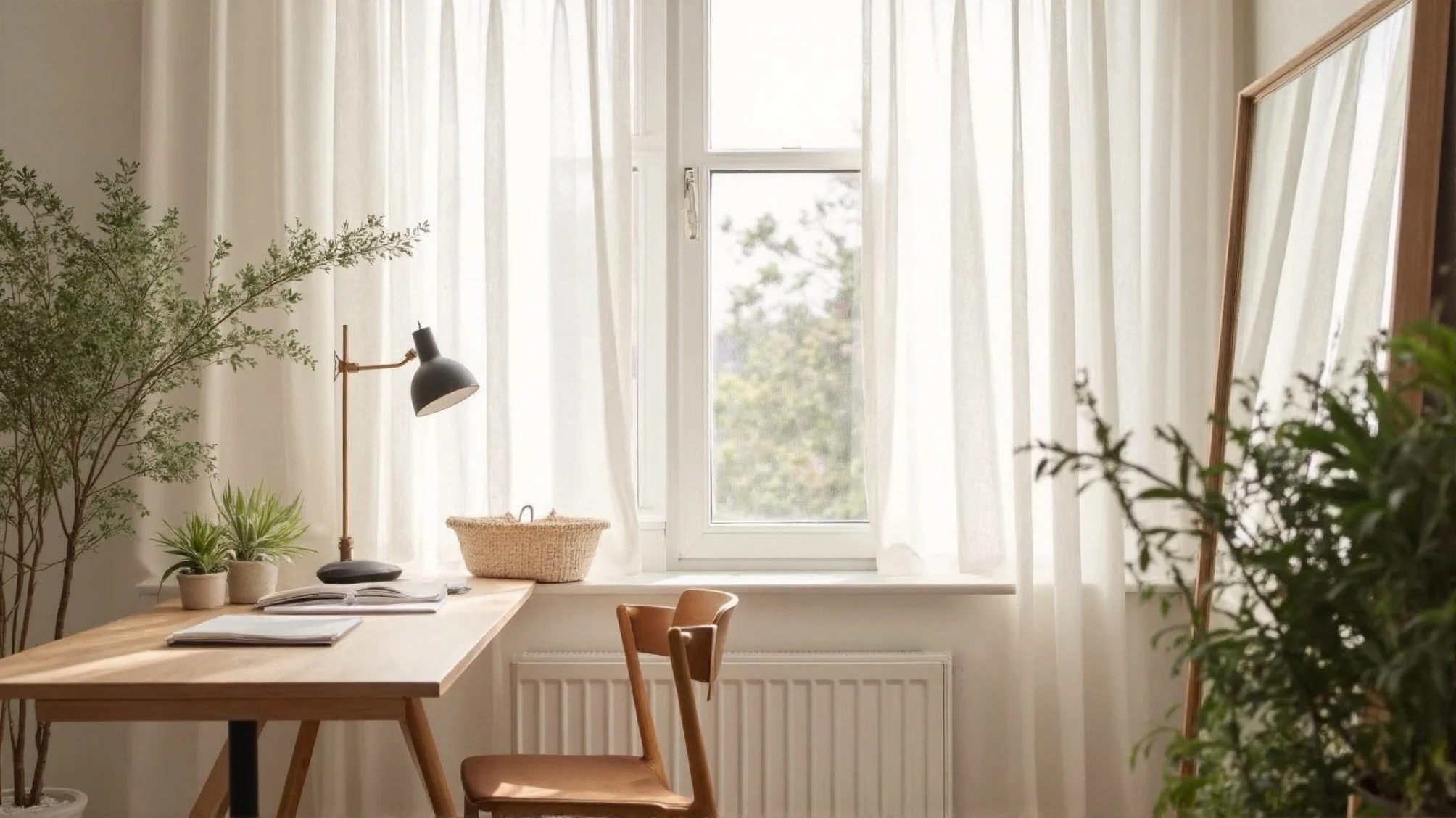 Study desk beside a sunny window with mirror