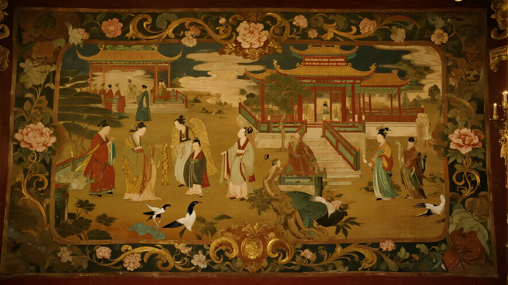 Chinoiserie mural with mandarins and pavilions