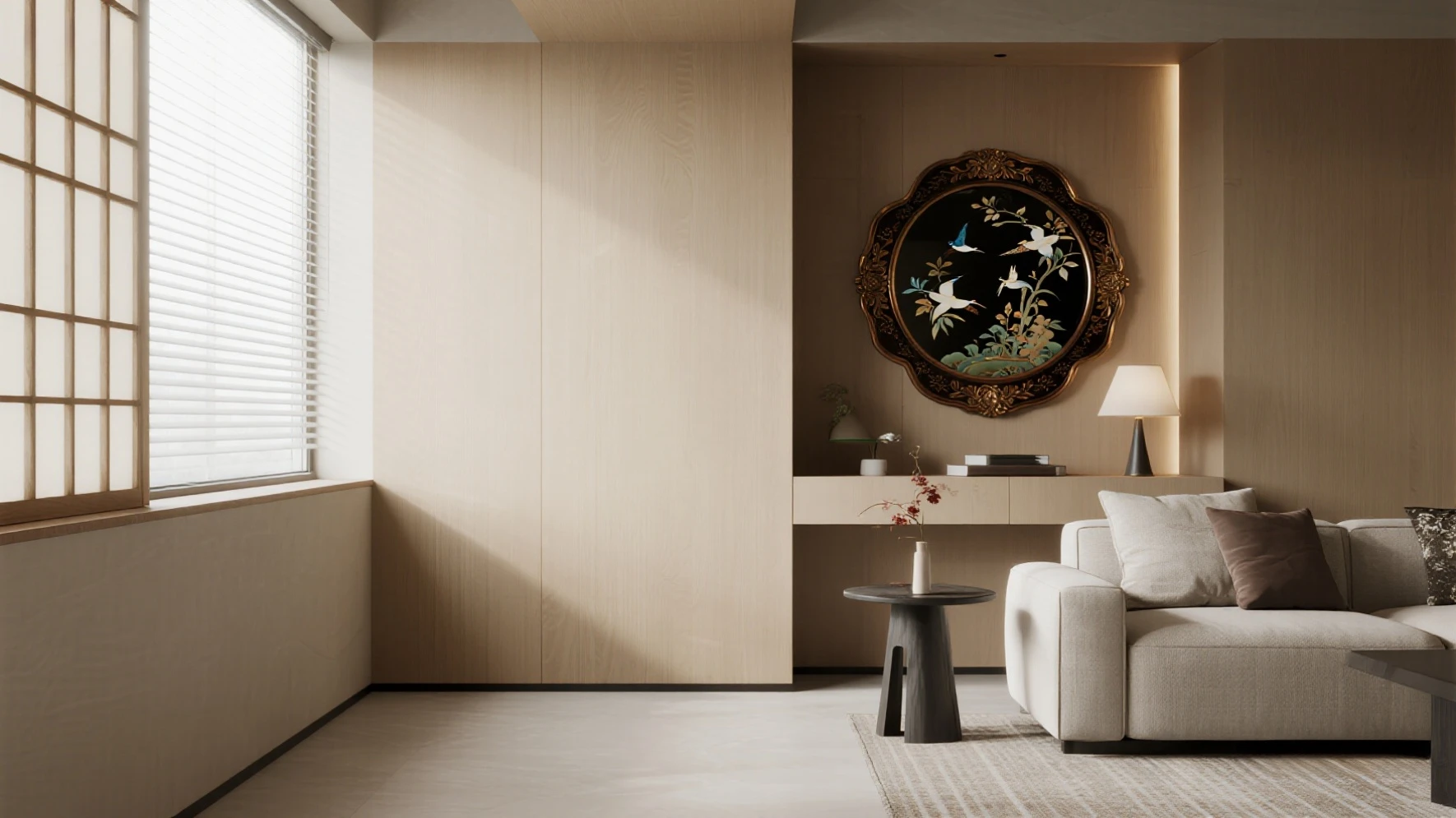 Modern living room with Chinoiserie accent mirror