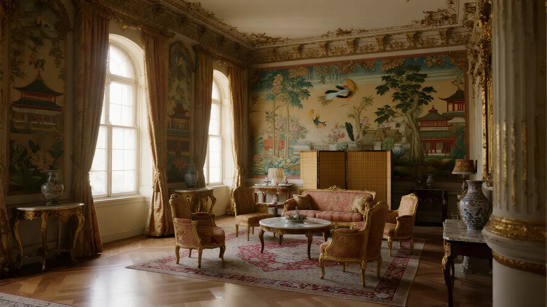 European palace interior with Chinoiserie and Japanese style mix