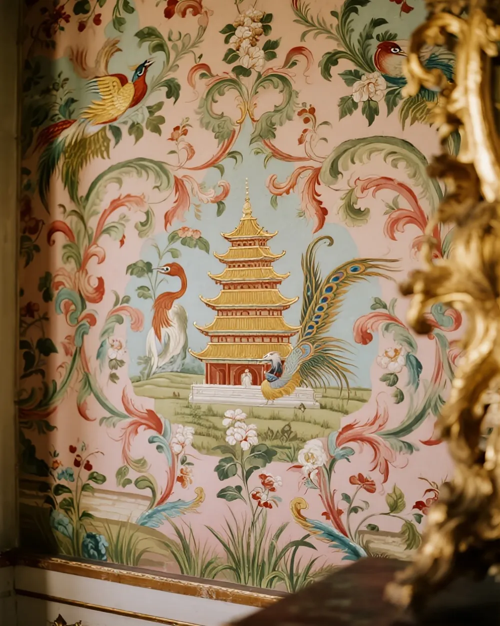 Rococo Chinoiserie wallpaper with pagodas and phoenixes