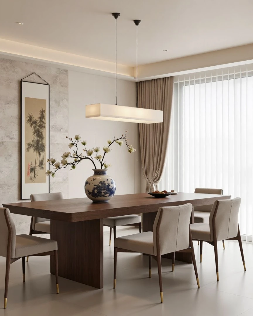 Blue chinoiserie vases as dining table centerpieces