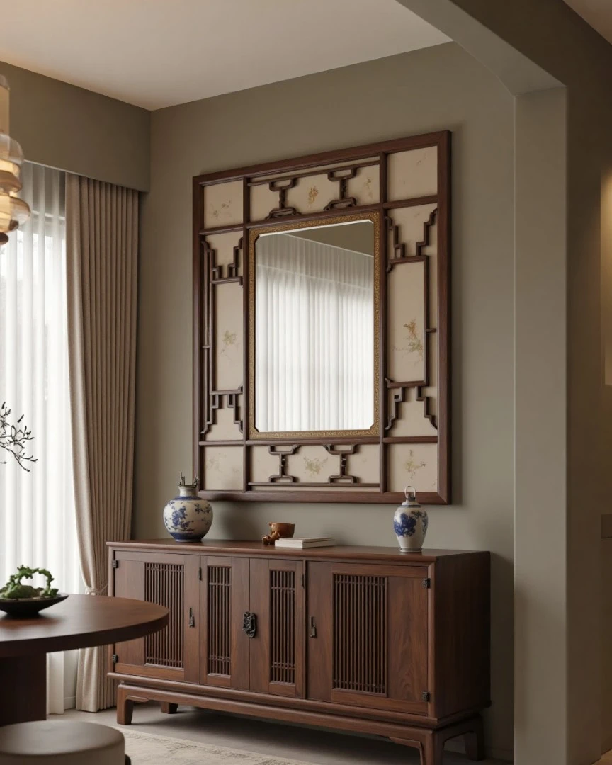 Vintage chinoiserie mirror on dining room wall